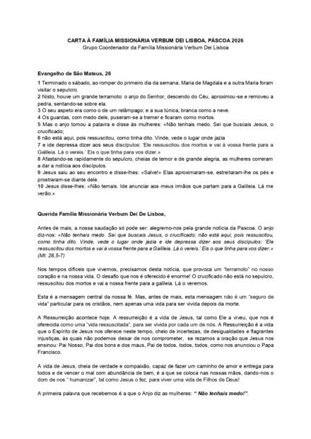 Carta a Família para o tempo da Páscoa (2026)